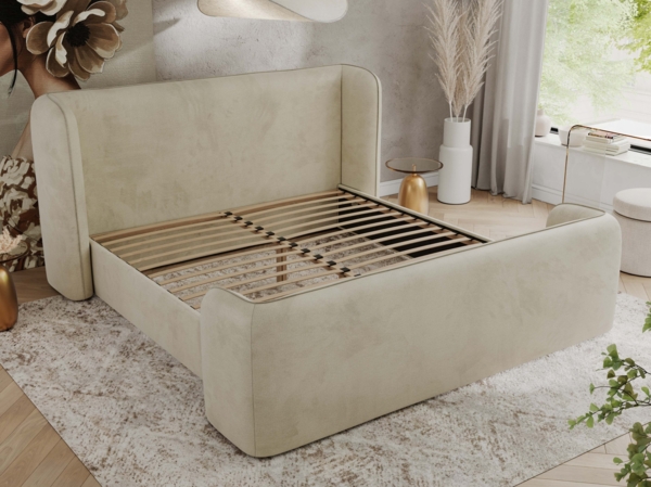 Polsterbett mit Lattenrost, Doppelbett für Schlafzimmer, Gepolstertes Kopfteil, Foam matratze, Härtegrad H2 - EMORA DUO - 120 x 200 cm - Beige Velours - MIRO - LUX Bild 3