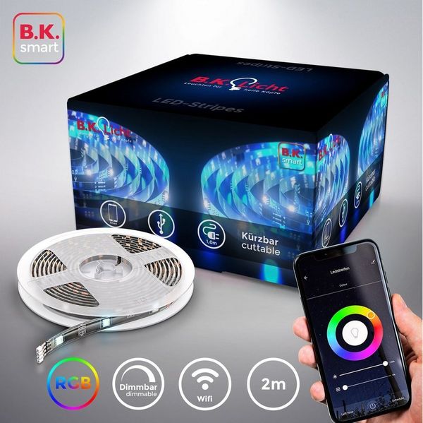 B.K.Licht - USB LED Strip 2m smart via App- und Sprachsteuerung, buntes RGB Licht, dimmbar, Smart Home LED Streifen, Leiste, Gaming Deko, Band, Lichtleiste, 200 x 1 x 0,3 cm, Schwarz