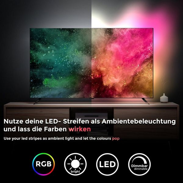 B.K.Licht - USB LED Strip 2m smart via App- und Sprachsteuerung, buntes RGB Licht, dimmbar, Smart Home LED Streifen, Leiste, Gaming Deko, Band, Lichtleiste, 200 x 1 x 0,3 cm, Schwarz