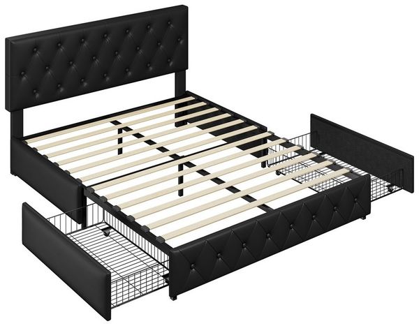 Yaheetech Polsterbett 160x200 cm Doppelbett Bettrahmen mit 2 Schubladen Jugendbett höhenverstellbares Kopfteil Stauraumbetten, Schwarz