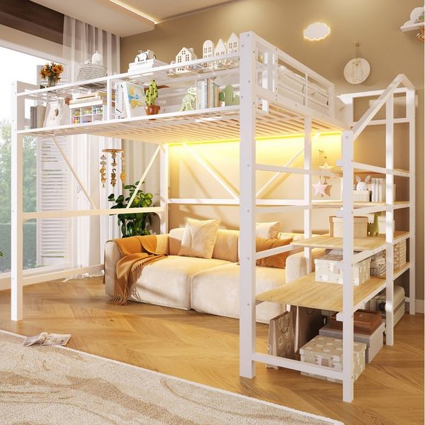 TavilaEcon Hochbett Metallbett mit Stufen-Ablageregal und LED-Lichtleiste (1-St) offener Stauraum unter dem Bett, ohne Matratze