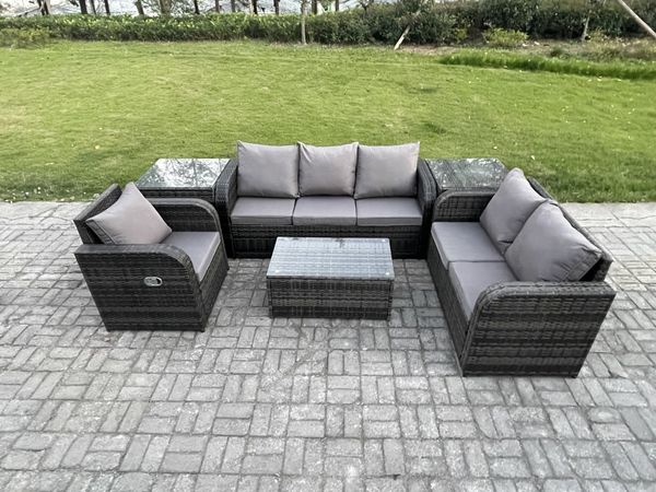 Fimous Rattan Gartenmöbel Set im Balkon 6-Sitzer Garten Sofa Set mit Rechteckiger Couchtisch Liegestühle 3-Sitzer Sofa 2 Beistelltischen
