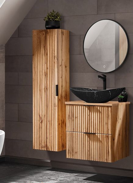 Badmöbel Set Wotaneiche mit Rillenoptik 60 cm Waschtisch-Unterschrank mit Keramik Waschbecken Hochschrank LED-Spiegel