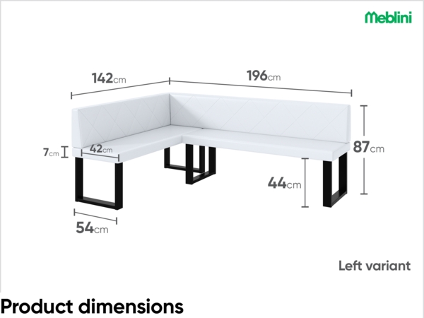 MEBLINI Eckbank für Esszimmer - Küchenbank - Essecke - Sitzecke Küche - ERIC - U-Beine 142x196x87cm Links - Weiß Kunstleder Bild 7