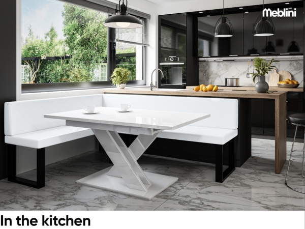 MEBLINI Eckbank für Esszimmer - Küchenbank - Essecke - Sitzecke Küche - ERIC - U-Beine 142x196x87cm Links - Weiß Kunstleder Bild 2