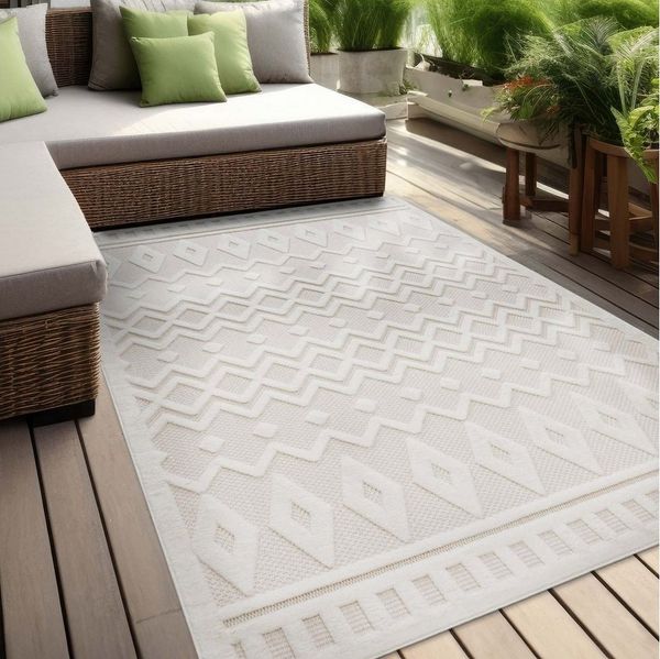 TaraCarpet Teppich Indoor und Outdoor Teppich wetterfest Barcelona Boho Scandi Style, rechteckig, Höhe: 10 mm, scandinavisch Boho weiß Wohnzimmer Schlafzimmer Esszimmer 140X200