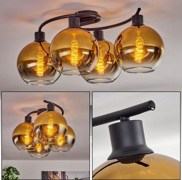 hofstein Deckenleuchte Deckenlampe aus Metall/Glas in Schwarz/Goldfarben/Klar, ohne Leuchtmittel, Leuchte im Retro-Design aus Glas, 4 x E27, ohne Leuchtmittel
