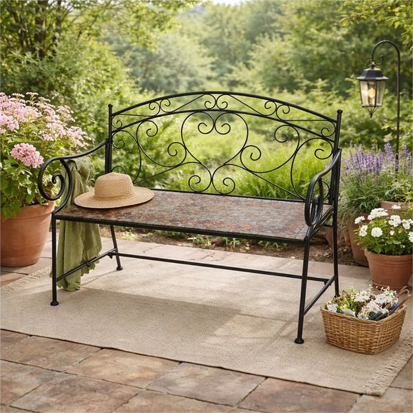 HTI-Living Gartenbank Metall mit Mosaik Sitzfläche Vintage Stil für Terrasse (1 Stück, 1 Gartenbank ohne Dekoration)