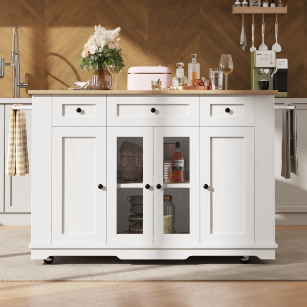 Kücheninsel Weiß & Natur mit klappbaren Seiten 151,5 cm, aus Metall und MDF, Küchenbuffet mit gehärtetem Glas, Staubschutz und Schrankfächer