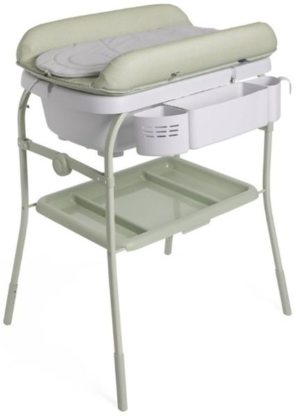 Chicco Cuddle & Bubble Ergonomische Babywanne mit Ständer und Wickeltisch mit Auflage und Weichem Reduzierkissen, Höhenverstellbar, Kompakte Schließung, max. 11 kg, Grau und grün