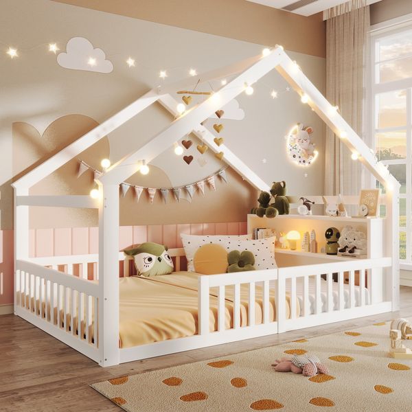 Flachbett, 140 x 190 cm, Kinderbett mit Gitter, Mit LED-Perlen,Hausleiste, Kiefernholz,ohne Matratze, Minimalistischer Stil, Weiß