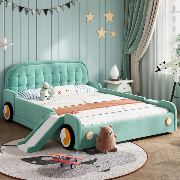 Merax Kinderbett, 140x200 cm Autobett mit Rutsche und Treppe, links/rechts montierbar, weiches Polsterbett in Blaugrün, Spielbett mit Fallschutz für Kinderzimmer, Blaugrün