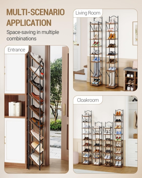 Vertikales Schuhregal, Schmales Schuhablage mit 9 Ebenen, 2 Einstellbaren Modi, Platzsparend, Schuhturm für Eingangsbereich, Flur, Wohnzimmer, Braun Bild 7