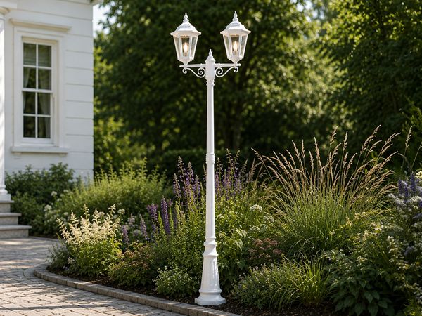 Straßenlaterne 2-flammig Aluminium Weiß, antike E27 Mastleuchte, Höhe 220cm