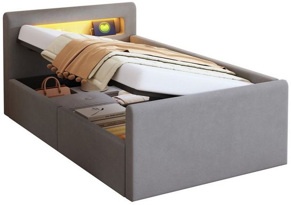 OKWISH Polsterbett Kinderbett Stauraumbett (mit LED-Licht und USB-Ladeanschluss, Hydraulischem Stauraum & Regal, Samtstoff, Mit verstellbaren Rückenlehnen und Nachtlicht, 90x200 cm), ohne Matratze