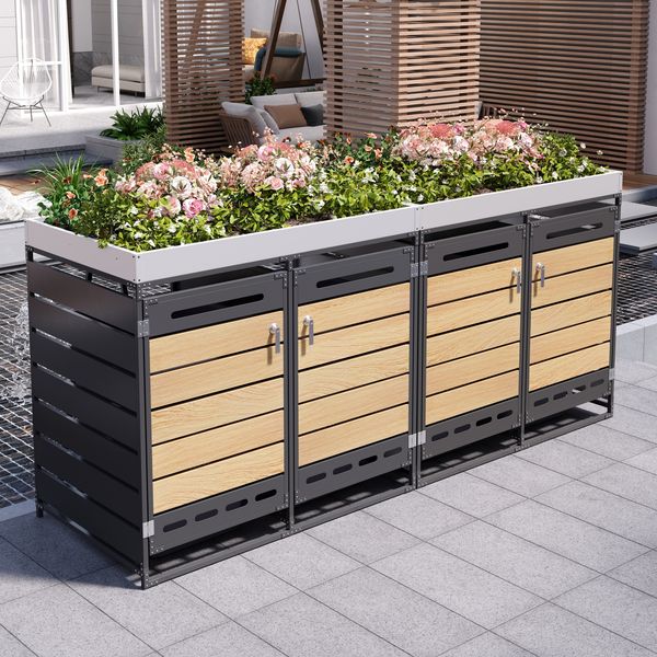 Mülltonnenbox mit Pflanzkasten, horizontale Holzoptik-Leisten, langlochrissige Belüftung, ganzer eiserner Garten-Aufbewahrungsschrank mit Schloss