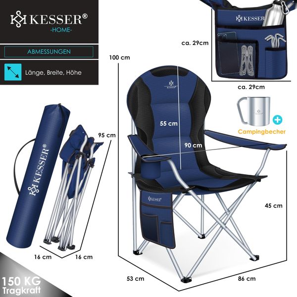 KESSER® Campingstuhl faltbar bis 150 kg Angelstuhl Faltstuhl Klappstuhl Gepolstert mit Armlehnen, Getränkehalter + Tasche mit hoher Rückenlehne, Strandstuhl, Klapphocker Navyblau / Schwarz Bild 8