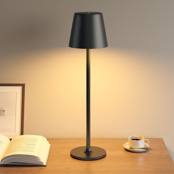 UPXNBOR LED Tischlampe Kabellos, Dimmbare Nachttischlampe Touch, Akku Tischleuchte Kabellos, Indoor Outdoor Tischlampe Akku, 3-stufig Warmlicht, IP54 Wasserdicht, Vollmetallgehäuse, Schwarz