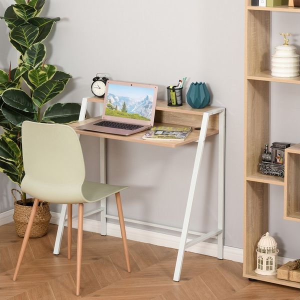 HOMCOM Schreibtisch Arbeitstisch mit Ablagefach (Computertisch, 1-St, Bürotisch), Metall Weiß+Eiche 84 x 45 x 85 cm