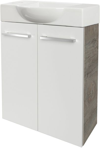 FACKELMANN SBC STANFORD Gäste WC Waschtisch Set 55 cm breit, Weiß/Braun hell, Waschbecken Keramik Weiß, Hahnloch links