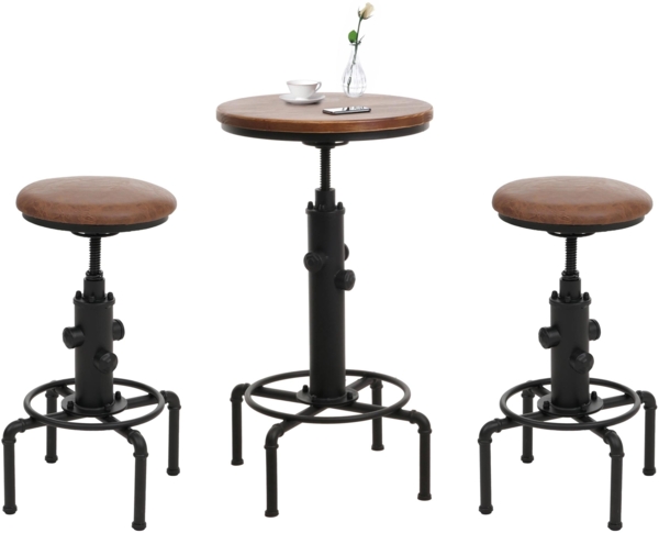 Set Bartisch + 2x Barhocker HWC-N23, Stehtisch höhenverstellbar drehbar Industrial Eisen Holz Kunstleder ~ braun