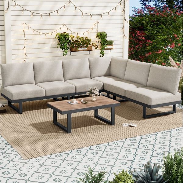 BBWL Gartenlounge-Set Ecksofa mit Liegebett Funktion,Couchtisch Glas,Graubeige, Gartenmöbel Lounge Set,Stahlrahmen,Outdoor Relaxbett wetterfest