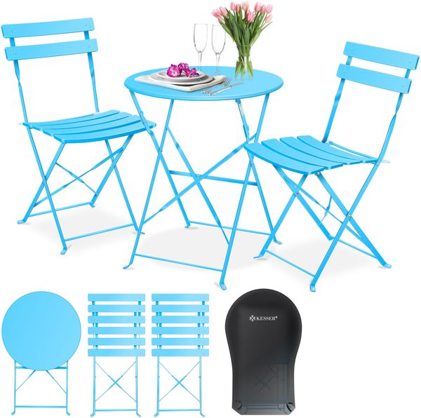 KESSER® Bistroset 3-teilig Bistrotisch mit 2 klappbaren Stühle Set Balkonset Balkonmöbel Klapp-Möbel Gartenset Sitzgarnitur Gartengarnitur Gartenmöbel Sitzgruppe Metall Bistro Gartentisch inkl. Abdeckung Hellblau