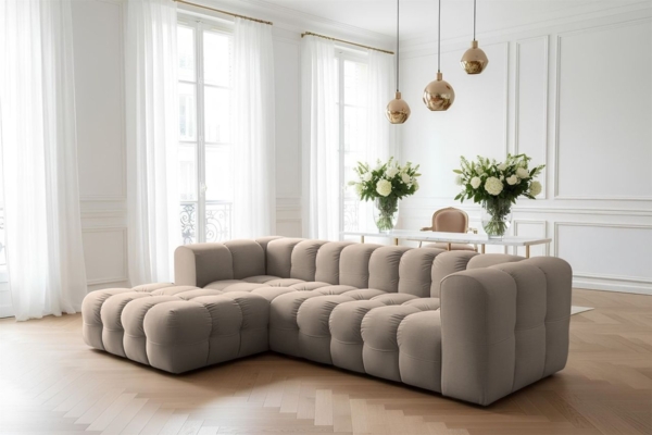 Ecksofa Designersofa SOLVIE in Stoff Tiffani Taupe Ottomane Links
