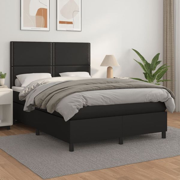 Boxspringbett mit Matratze, Nieten, Kopfteil hoch, Schwarz 140x200 cm Kunstleder