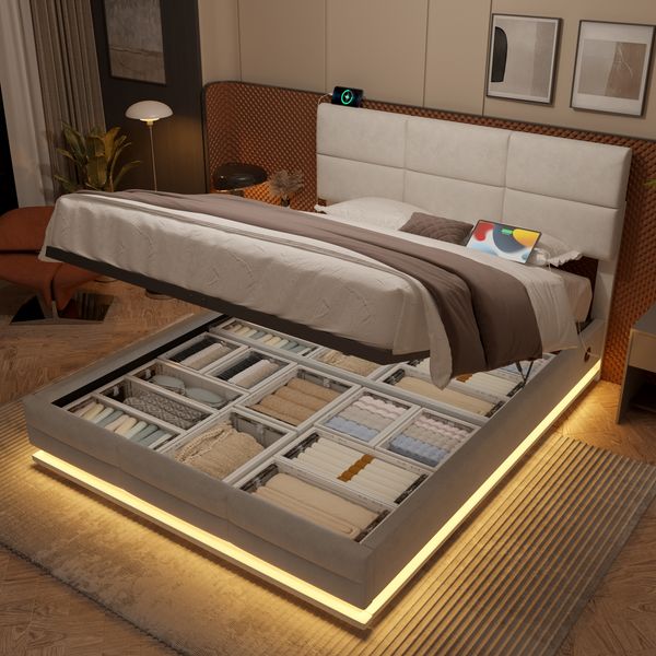 Polsterbett 140x200 cm ohne Matratze, Samt in Beige mit LED, USB-Anschlüssen, Hydrauliksystem und Stauraum
