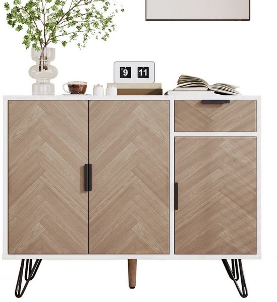 Merax Sideboard im Holzoptik mit Schubladen und 3 Türen (Wohnzimmerschrank, Highboard, Aufbewahrungsschrank mit vielseitiger Stauraum), Kommode mit höhenverstellbaren Einlegeböden, Anrichte, Breit: 90cm