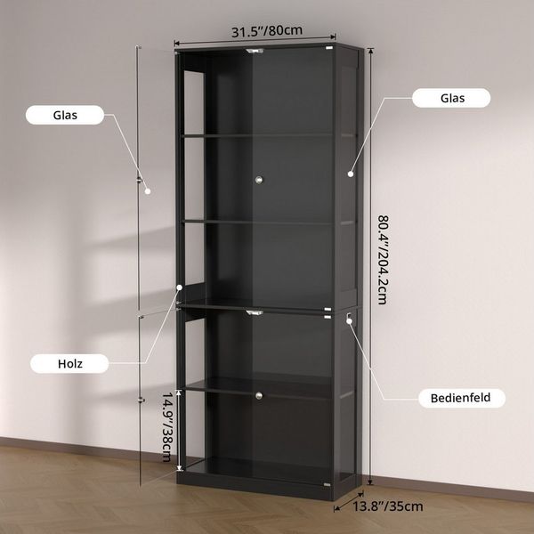 VOWNER Glasvitrine mit 3-Farben-LED - Bewegungssensor (1-St) 5 übereinanderliegende Regale, 80x204x35 cm