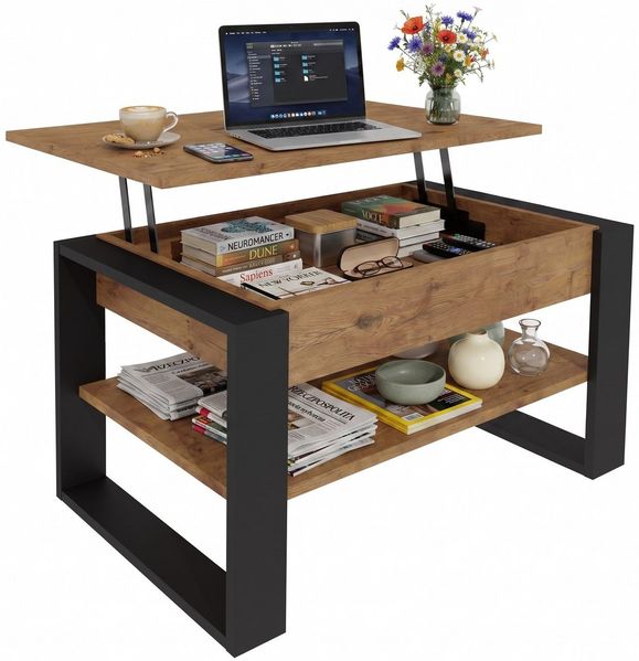 TREND WERK Couchtisch Lift-Couchtisch höhenverstellbar Sofatisch 92×55 cm mit Stauraum (verstecktem Fach Wohnzimmertisch Holz modern)