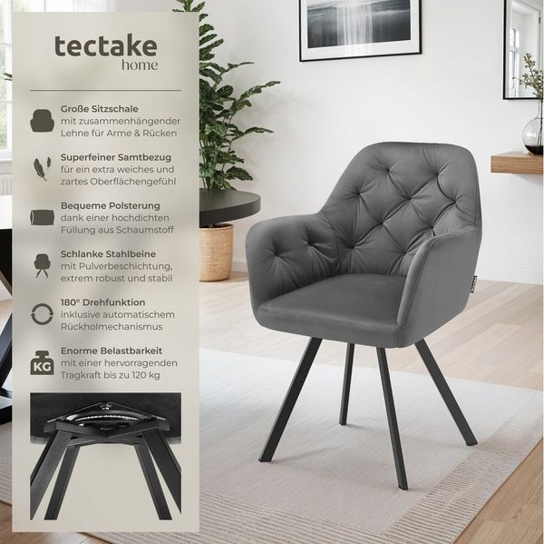 tectake Esszimmerstuhl Samt-Armlehnstuhl gepolstert, mit Steppmuster, 58 x 58 x 87 cm (Bürostuhl Lucia in anthrazit, 6 St), 180° drehbar, Stahlbeine, bodenschonend, Belastbarkeit 120 kg