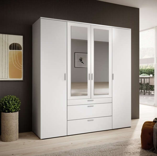 PREISBRECHER Drehtürenschrank Vesala 4 Türen, 3 Schübe, Weiß / Spiegel - 180 x 195 x 56 cm (BxHxT)