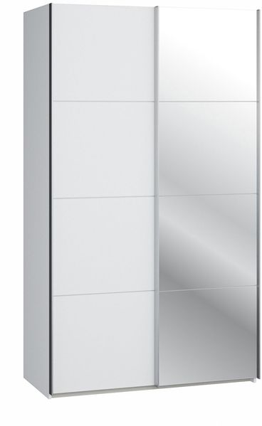 Forte SOPHISTISPACE Kleiderschrank 120, moderner Schwebetürenschrank, 2-türig, Einlegeböden, Kleiderstange, Spiegel, Holzwerkstoff, Weiß, 120,1 cm breit x 210,5 cm hoch x 62,9 cm tief
