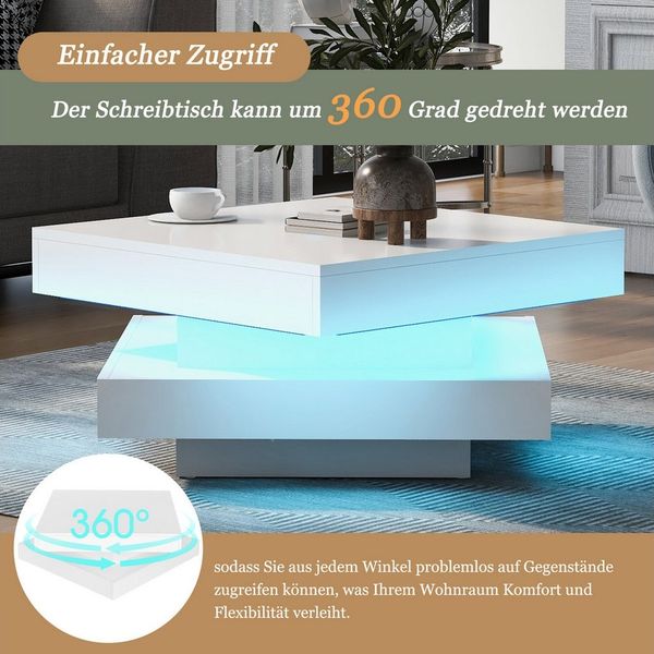Merax Couchtisch Hochglanz Sofatisch mit LED-Beleuchtung (1-St, 70x70x36 cm), Wohnzimmertisch Quadratischer Beistelltisch mit 360° Drehplatte