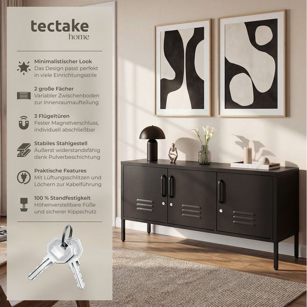 tectake Lowboard Sideboard, Kippschutz, höhenverstellbare Füße, 120 x 37,5 x 55,5 cm (Schrank Baker, in schwarz), 3 Türen mit Magnetverschluss, Zwischenboden verstellbar, Kabelführung
