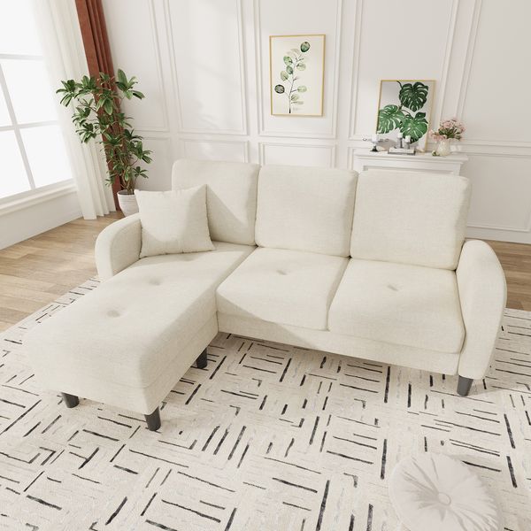 Merax 166 cm L-förmiges Ecksofa mit Chaiselongue – 3-Sitzer Sofa, Cordstoff, Kunststoffbeine, Hellbeige