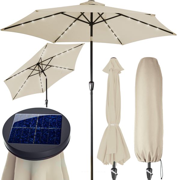 Kingsleeve Sonnenschirm mit LED Beleuchtung, Solarbetrieben, UV Schutz 30+, wasserabweisend, Alugestell / Polyester beige, Ø 270 cm