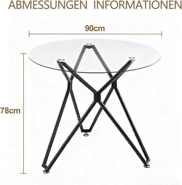 90cm runder Esstisch aus gehärtetem Glas, geeignet für 1–4 Personen, platzsparender kleiner Küchentisch, ausgestattet mit stabilen Metallbeinen, geeignet für Esszimmer und Wohnzimmer,Schwarz Bild 8