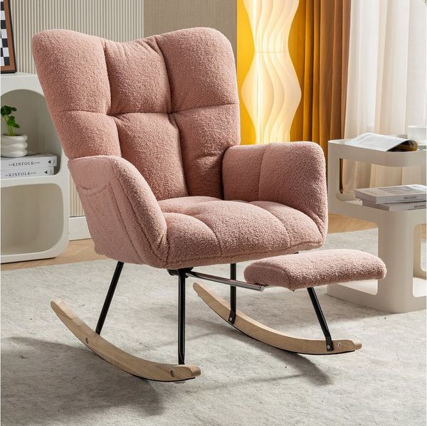 STILVORA Schaukelstuhl mit Fußstütze,Schaukelsessel mit Polsterung,Relaxsessel aus Teddystoff (Moderner Schaukelstuhl Rosa mit Teddystoff, Ergonomischer Rückenlehne & Ausziehbarer Fußstütze, Ideal für Wohnzimmer & Schlafzimmer), mit ausziehbarer Fußstü...