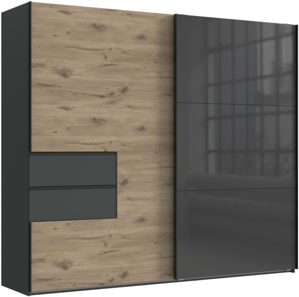 Schwebetürenschrank Kleiderschrank 250 cm Schubladen Grafit, Eichefarben Glastür