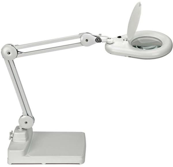 MAUL LED-Lupenleuchte Glaslinse 127mm (5 Zoll) Standfuß weiß m. Abdeckung,runder Kopf