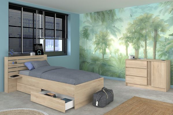 Stauraumbett Escale von Parisot Funktionsbett in Japanische Eiche mit Stauraum komplett Set – verschiedene Bettgrößen wählbar - Stauraumbett mit Kommode , 90 x 200 cm