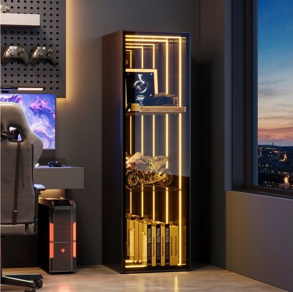 Flieks Glasvitrine mit LED-Lichtleiste, verstellbaren Glaseinlegeböden & Spiegelwand (30 x 30 x 90 cm, Glastür mit Soft-Close-Funktion, 1-St, Eckvitrine mit verspiegelter Rückwand & 3 Ebenen) Multifunktionaler Hochschrank Standvitrine Eckschrank mit 3 Fächern