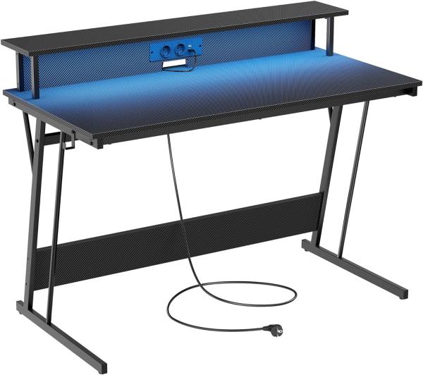 Vasagle Schreibtisch, Gaming Tisch mit eingebauter Steckdosenleiste, Computertisch, mit Monitorständer für 2 Monitore, Schlafzimmer, 60 x 120 x 76 cm, rußschwarz LWDDE192B02