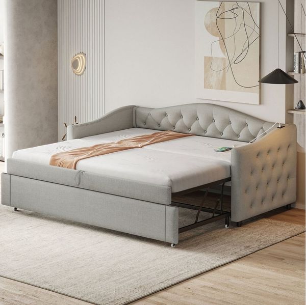 Merax Daybett mit Ausziehbett 90x190cm, Tagesbett in Knopfdesign (Kinderbett Jugendbett Sofabett, 1 tlg), Polsterbett Schlafsofa 90x200cm mit USB, Lattenrost und Leinenstoff