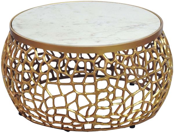 Design Metall Couchtisch Gold mit weißer Marmor Tischplatte 60 cm rund - Aluminium Wohnzimmertisch Modern - Loungetisch Alu Beistelltisch Wohnzimmer Handmade