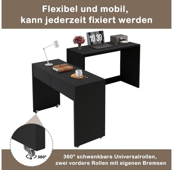 Flieks Schreibtisch Regalschreibtisch & ausziehbare Kommode 2-in-1 Kompaktschreibtisch (flexibel kombinierbar Tisch, 2-St, 2er Set), Arbeitstisch Bürotisch Computertisch mit Schubladen und Rollen Schwarz